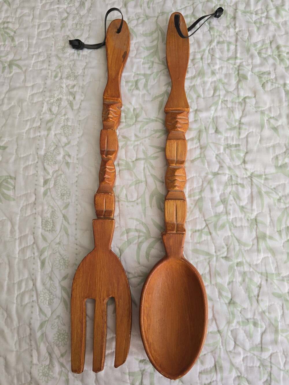 Vintage Tiki Large Hand Carved Wooden Spoon and Fork 17 Inch Decor Wall Art
